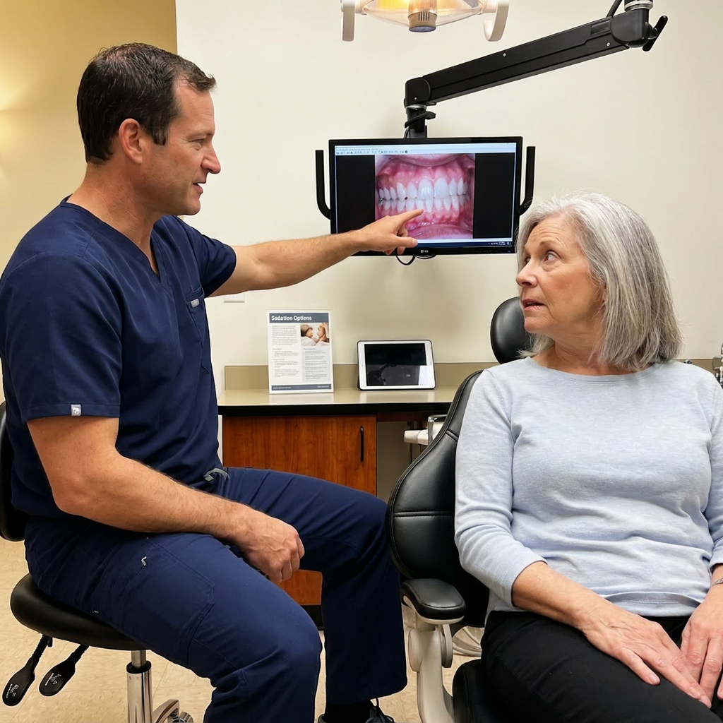 A dentist discusses sedation dentistry with a patient in a modern Monument, CO operatory at Advanced Dental & Implant Center.