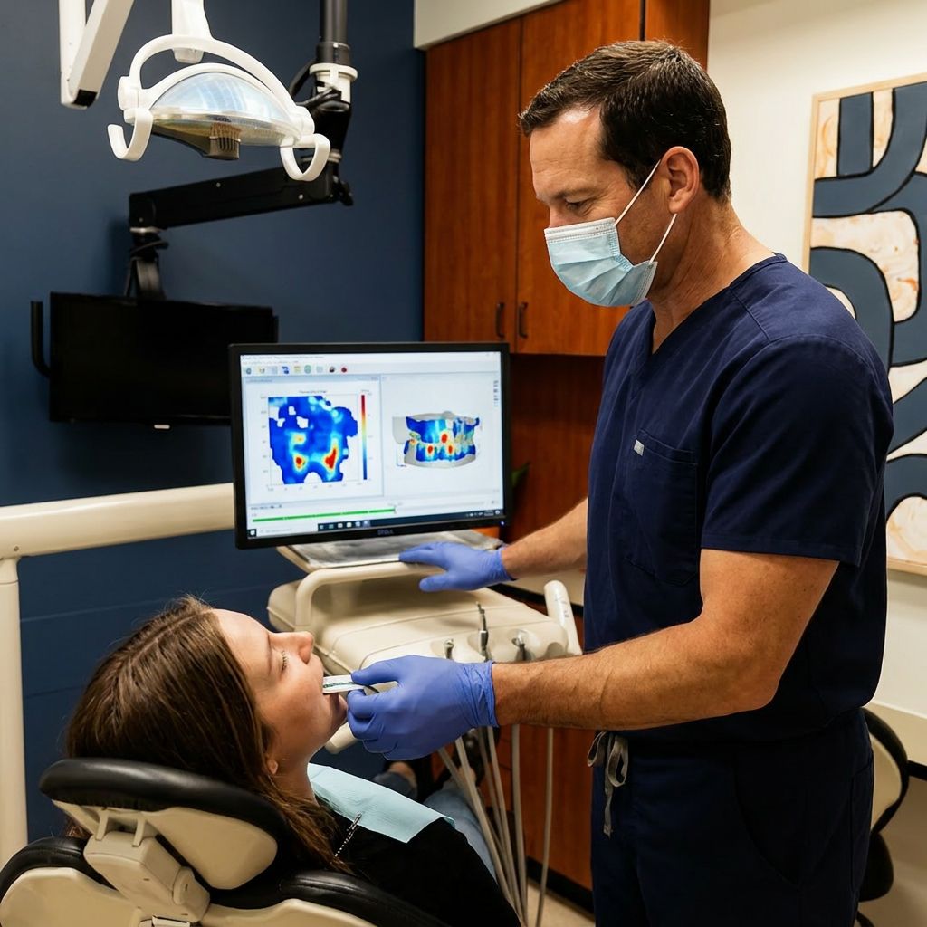 A dentist uses a T-Scan sensor at Advanced Dental & Implant Center in Monument, CO, to map a patient's bite-force data.