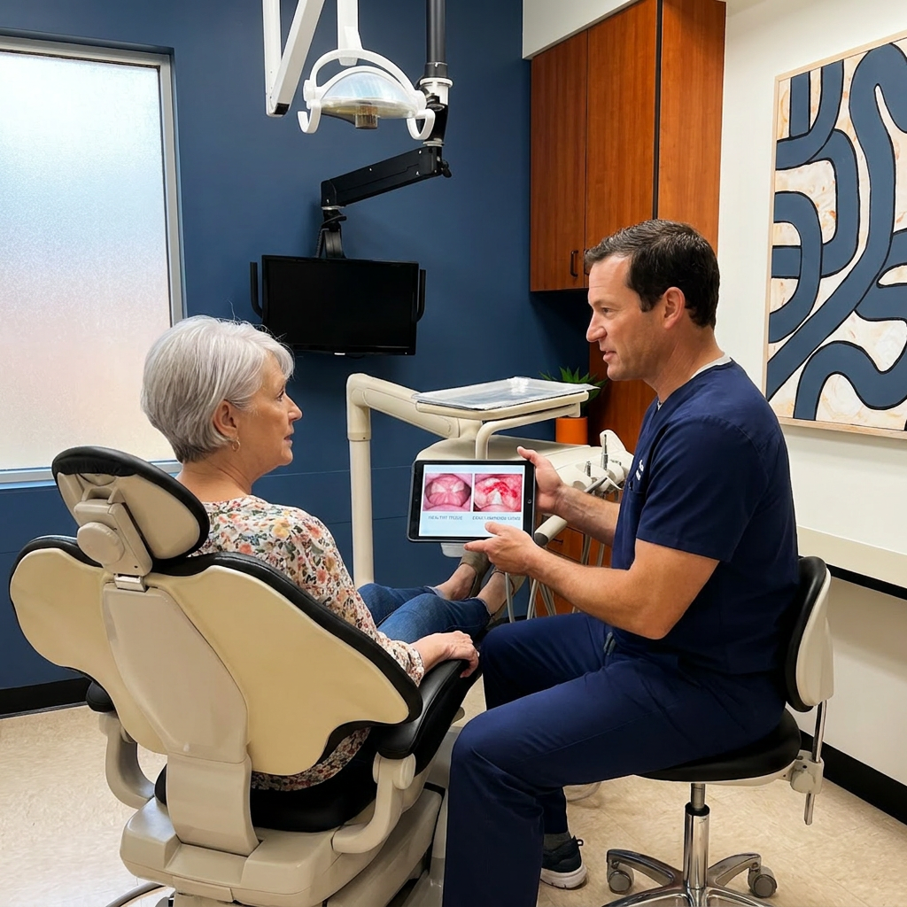 A Monument dentist shows an oral cancer screening tablet to a patient at Advanced Dental & Implant Center.