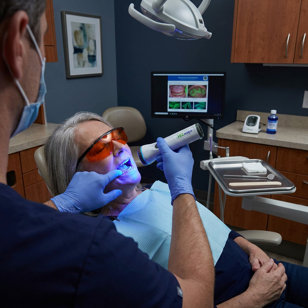 A dentist uses a VELscope light for an oral cancer screening at Advanced Dental & Implant Center in Monument, CO.