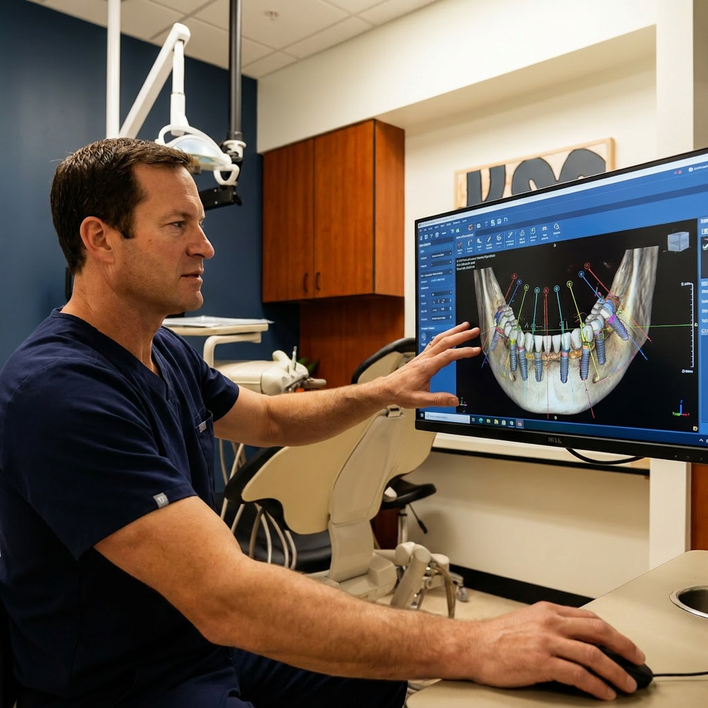 A dentist at Advanced Dental & Implant Center in Monument reviews a 3D guided implant plan on a high-tech monitor.
