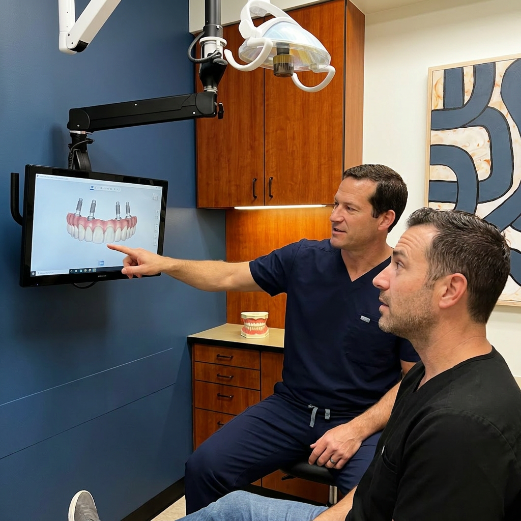A dentist shows a full-arch implant model on a screen to a patient at Advanced Dental & Implant Center in Monument, CO.