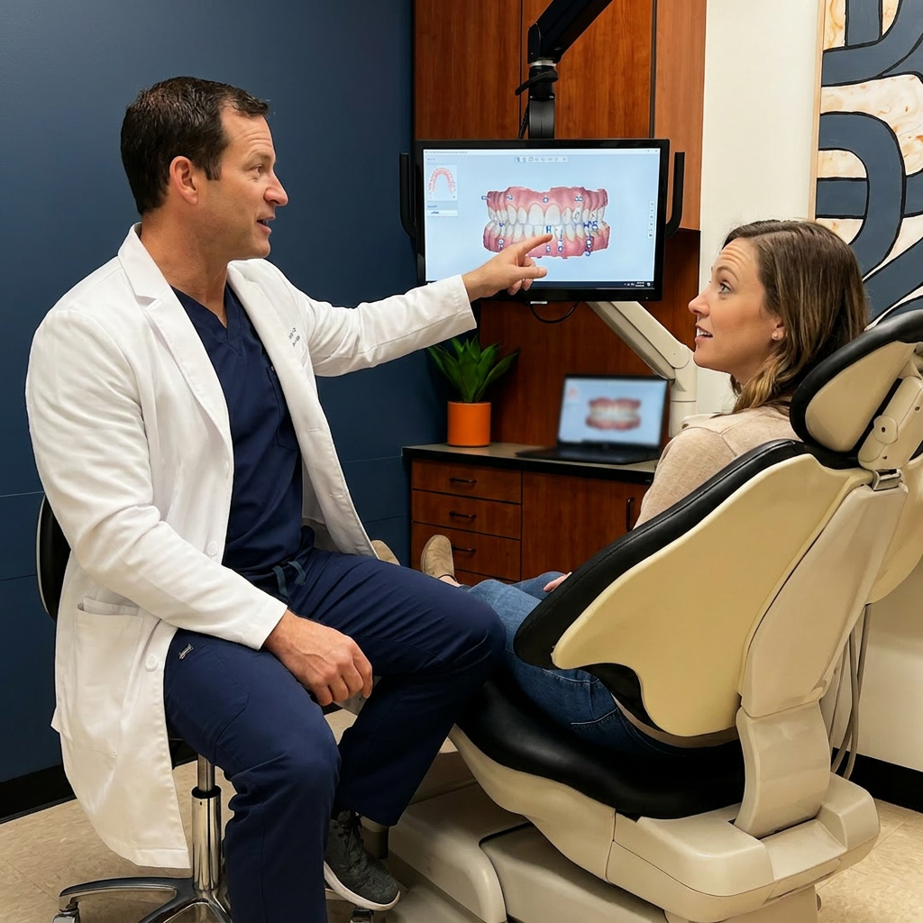 A dentist reviews a 3D dental implant scan with a patient at Advanced Dental & Implant Center in Monument, CO.