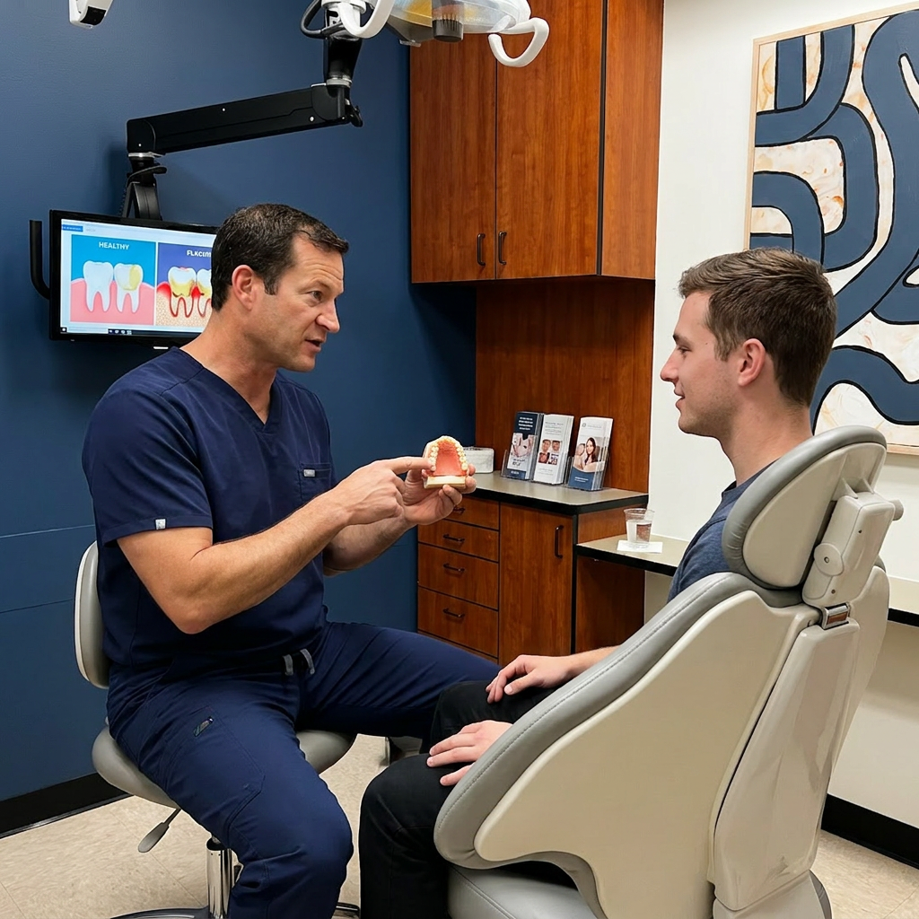 A dentist discusses preventive care with a patient at Advanced Dental & Implant Center in Monument, CO.