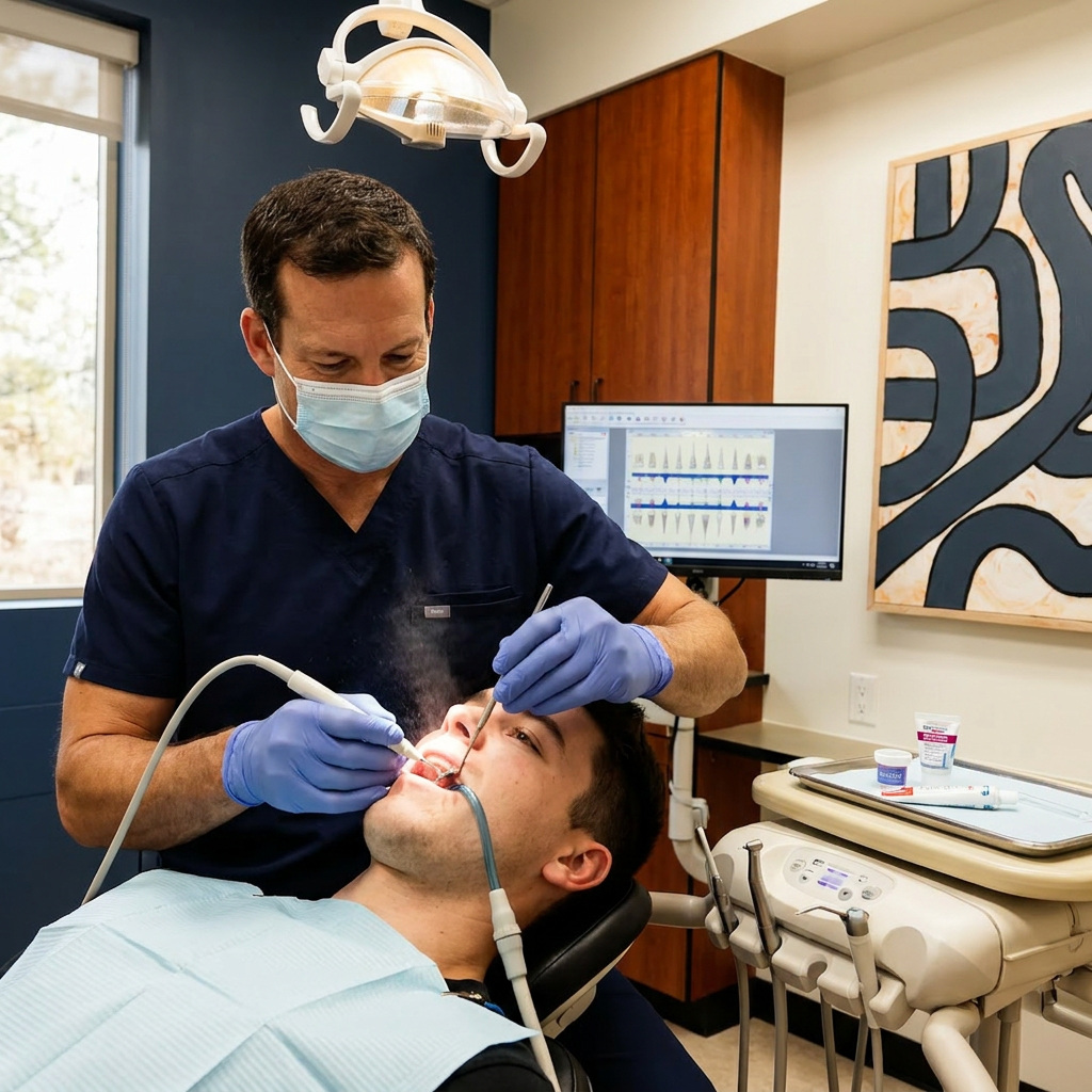 A dentist uses an ultrasonic scaler for preventive care on a patient at Advanced Dental & Implant Center in Monument, CO.