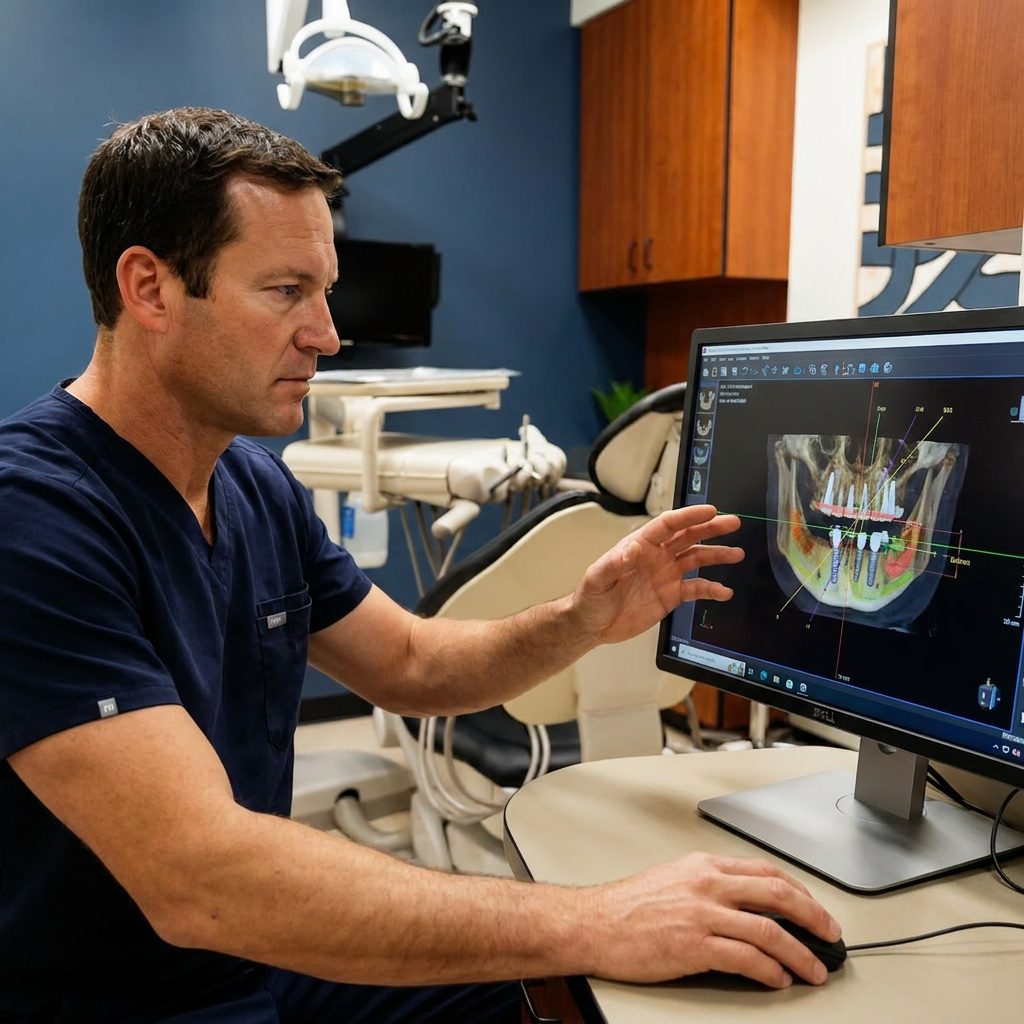 A dentist reviews 3D All-on-4 planning software at Advanced Dental & Implant Center in Monument, CO.