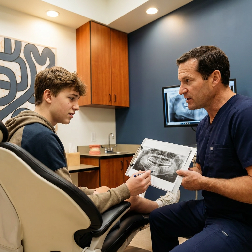 A Monument dentist explains bone grafting to a patient while marking a panoramic X-ray at Advanced Dental & Implant Center.
