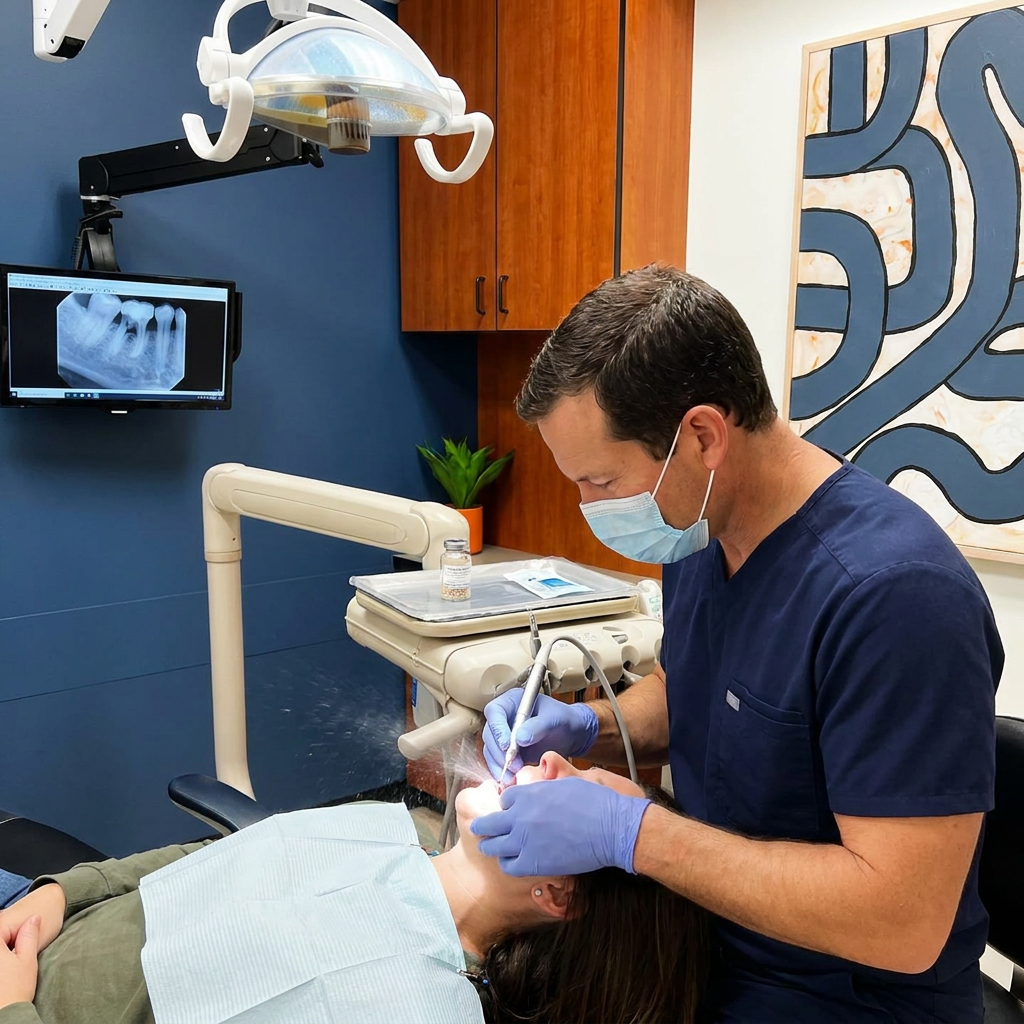 A dentist uses an ultrasonic scaler at Advanced Dental & Implant Center in Monument, CO, to prepare for a bone graft.