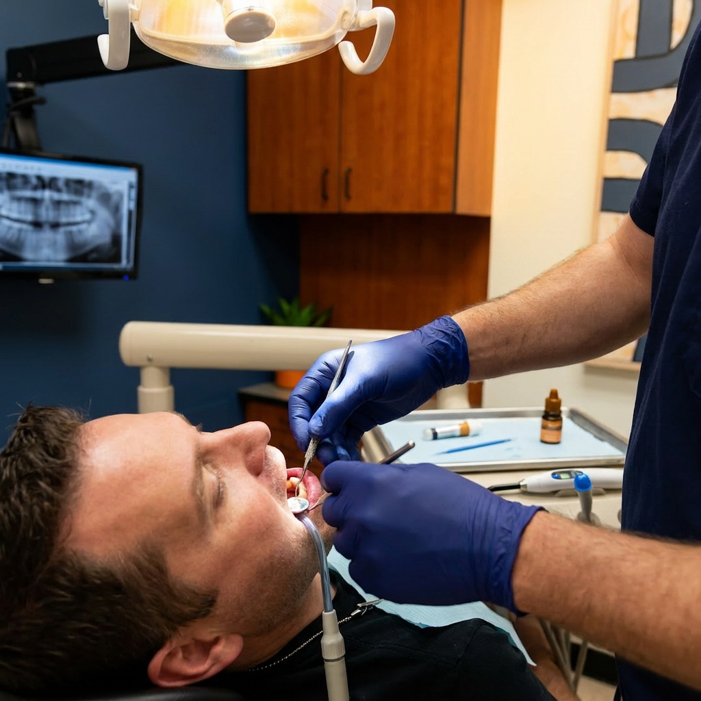 Dentist placing a tooth filling for a patient at Advanced Dental & Implant Center in Monument, Colorado.