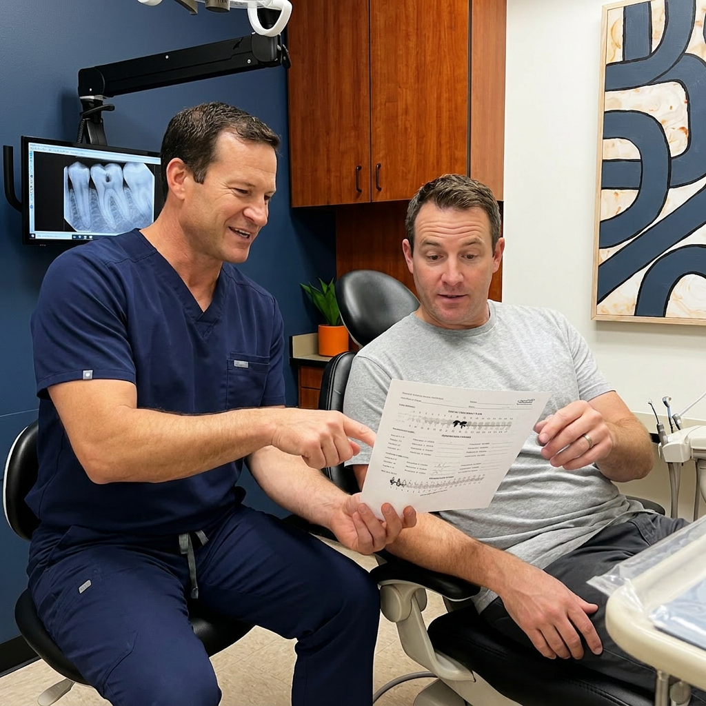 A Monument, CO dentist reviews a filling treatment plan with a patient at Advanced Dental & Implant Center.