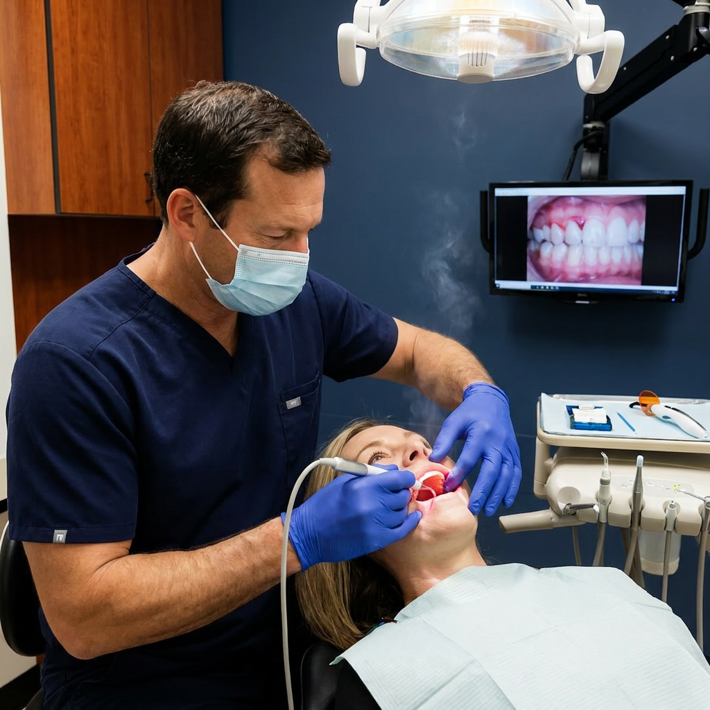 A dentist at Advanced Dental & Implant Center in Monument uses a diode laser to prepare a tooth for a filling.
