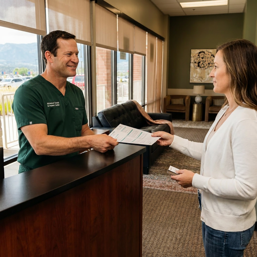 A dentist smiles while handing insurance forms to a patient at the Advanced Dental & Implant Center in Monument.