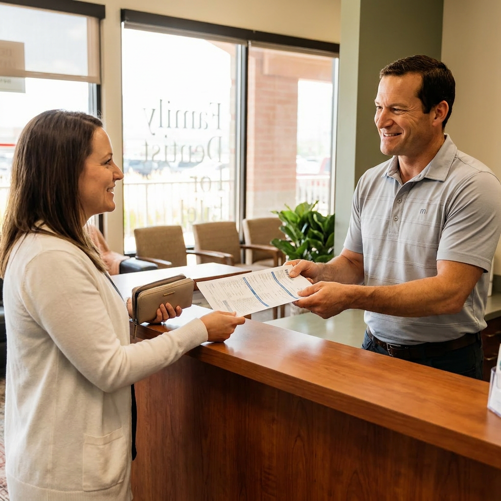 Advanced Dental & Implant Center staff hands insurance paperwork to a patient at the Monument office reception desk.
