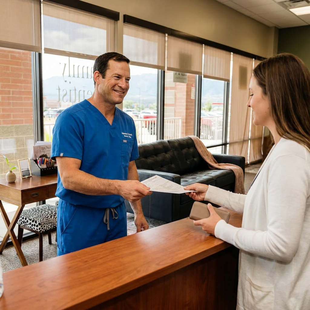 A dentist hands MetLife insurance paperwork to a patient at the Advanced Dental & Implant Center desk in Monument.