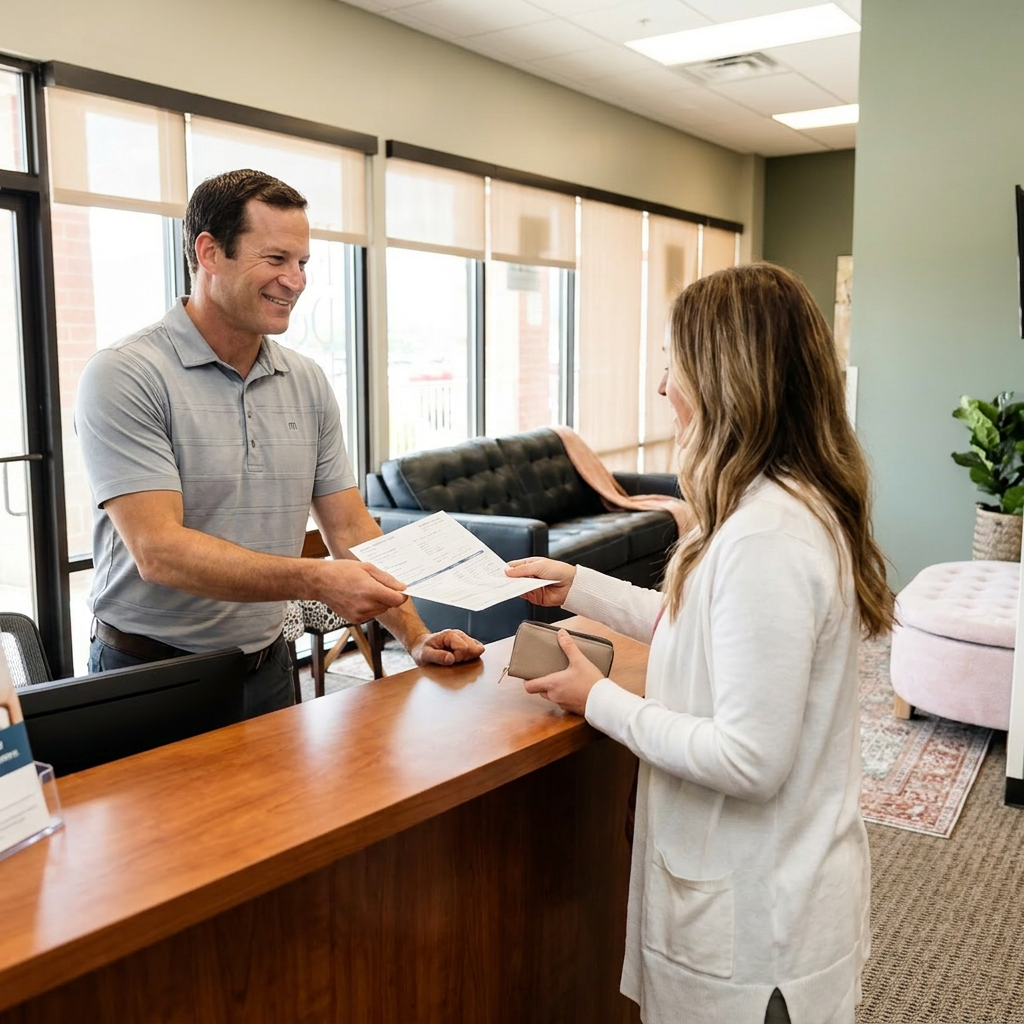 A dentist hands insurance forms to a patient at the Advanced Dental & Implant Center reception desk in Monument.