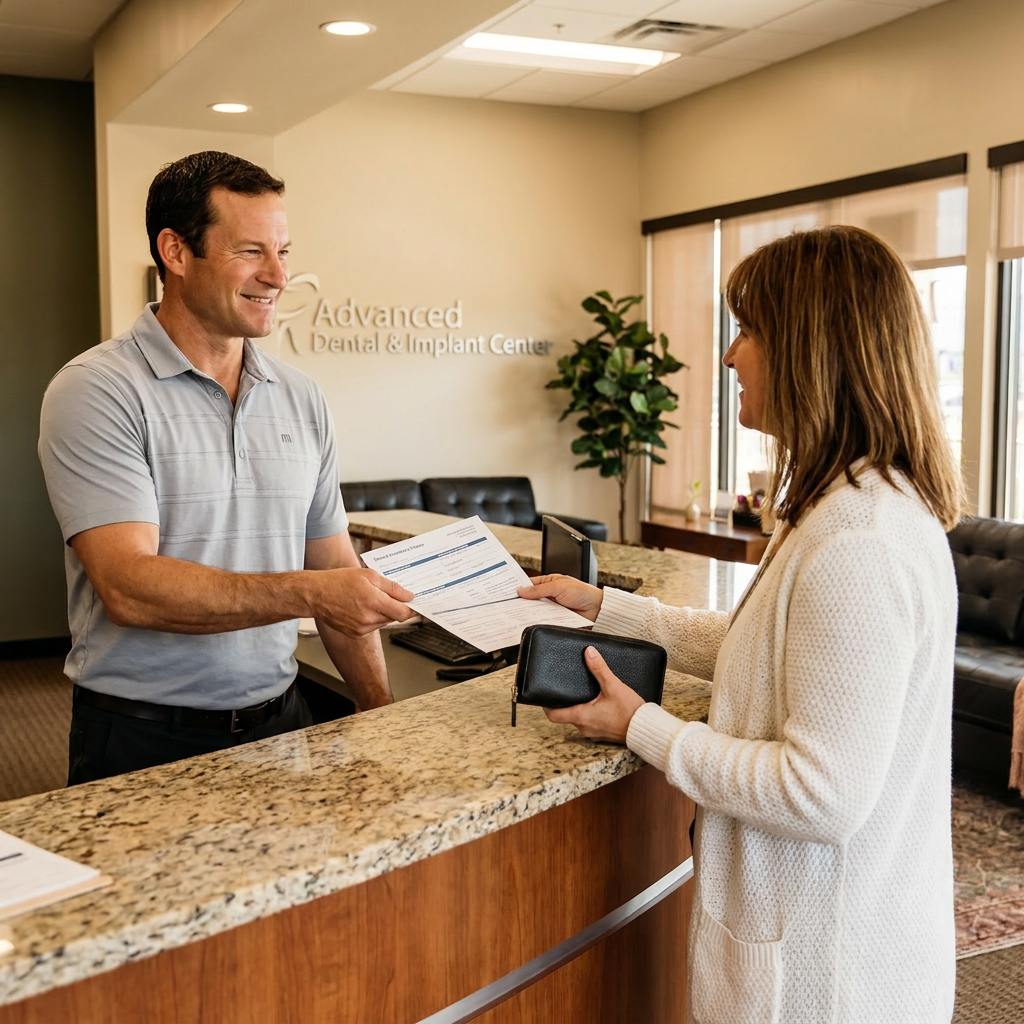 A dentist hands United Concordia paperwork to a patient at the Advanced Dental & Implant Center desk in Monument.
