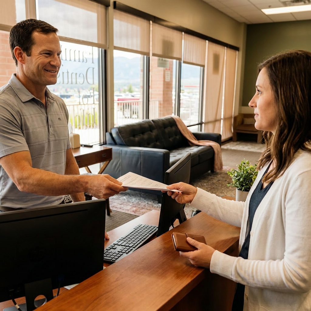 A dentist smiles while handing Humana paperwork to a patient at Advanced Dental & Implant Center in Monument.