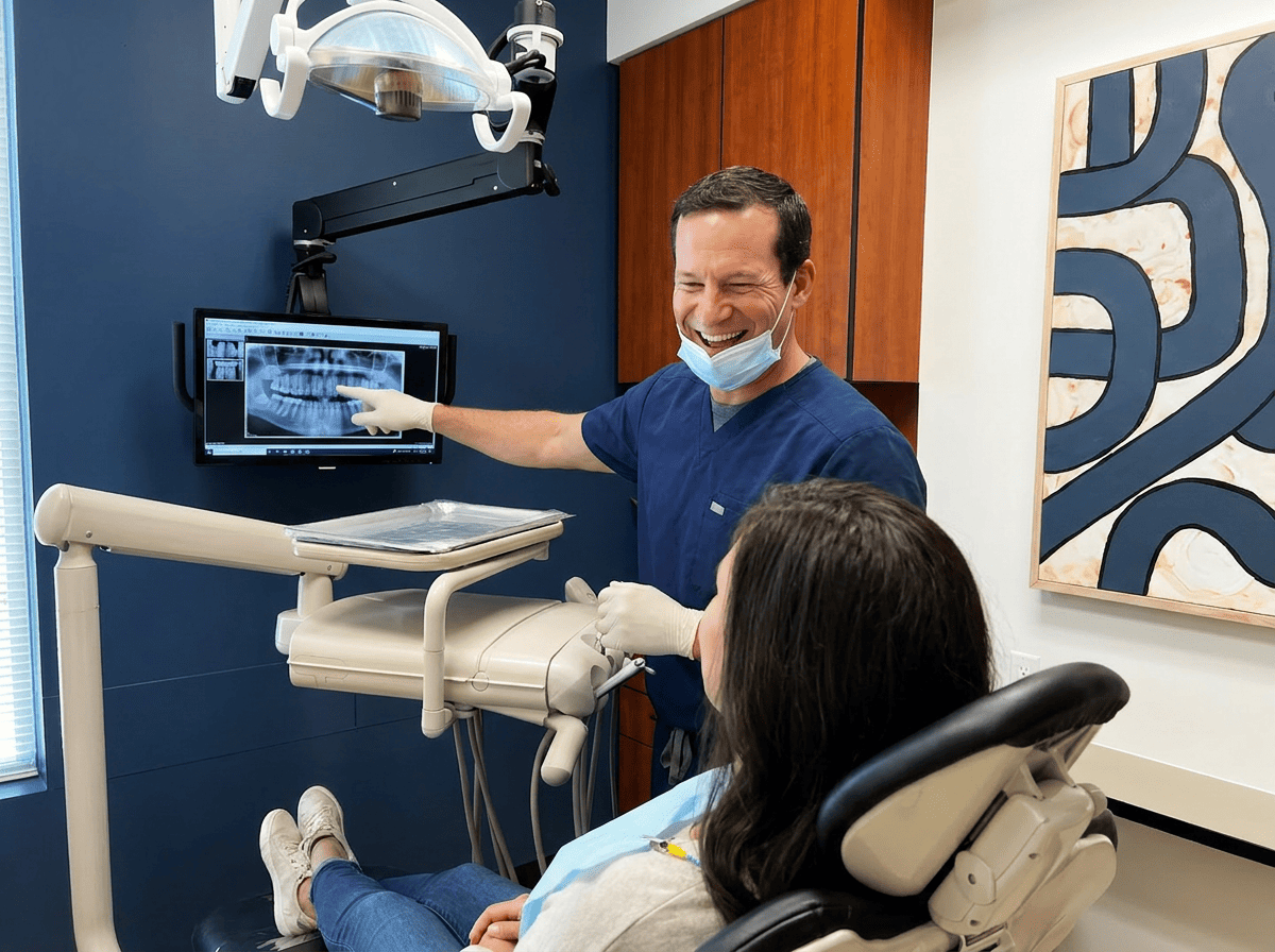 Dentist in PPE smiles while consulting a patient about X-Rays in a sunlit dental exam room.
