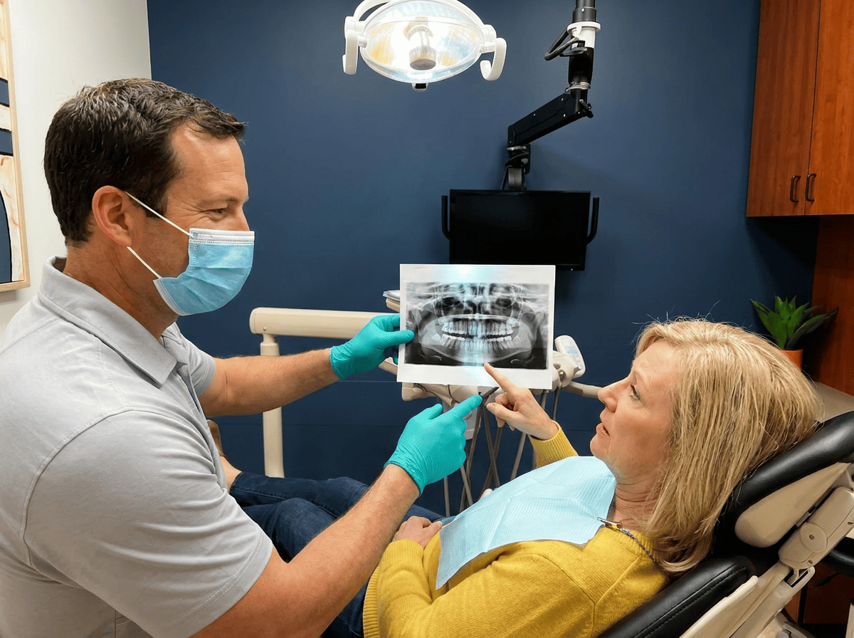 Dentist in PPE reviews panoramic X-ray with a patient in a dental chair, both pointing to findings.
