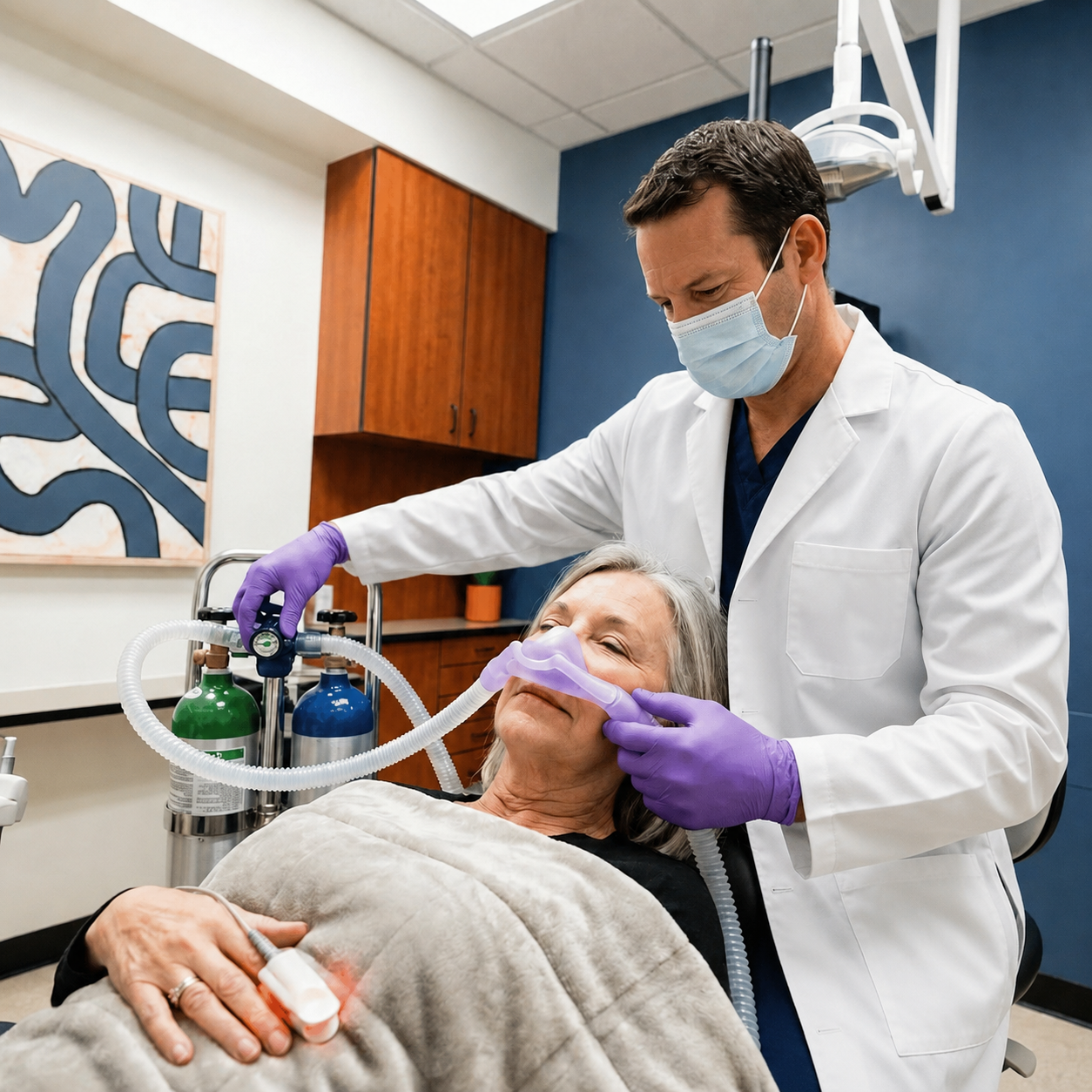 A dentist adjusts a sedation mask for a relaxed patient at Advanced Dental & Implant Center in Monument, CO.