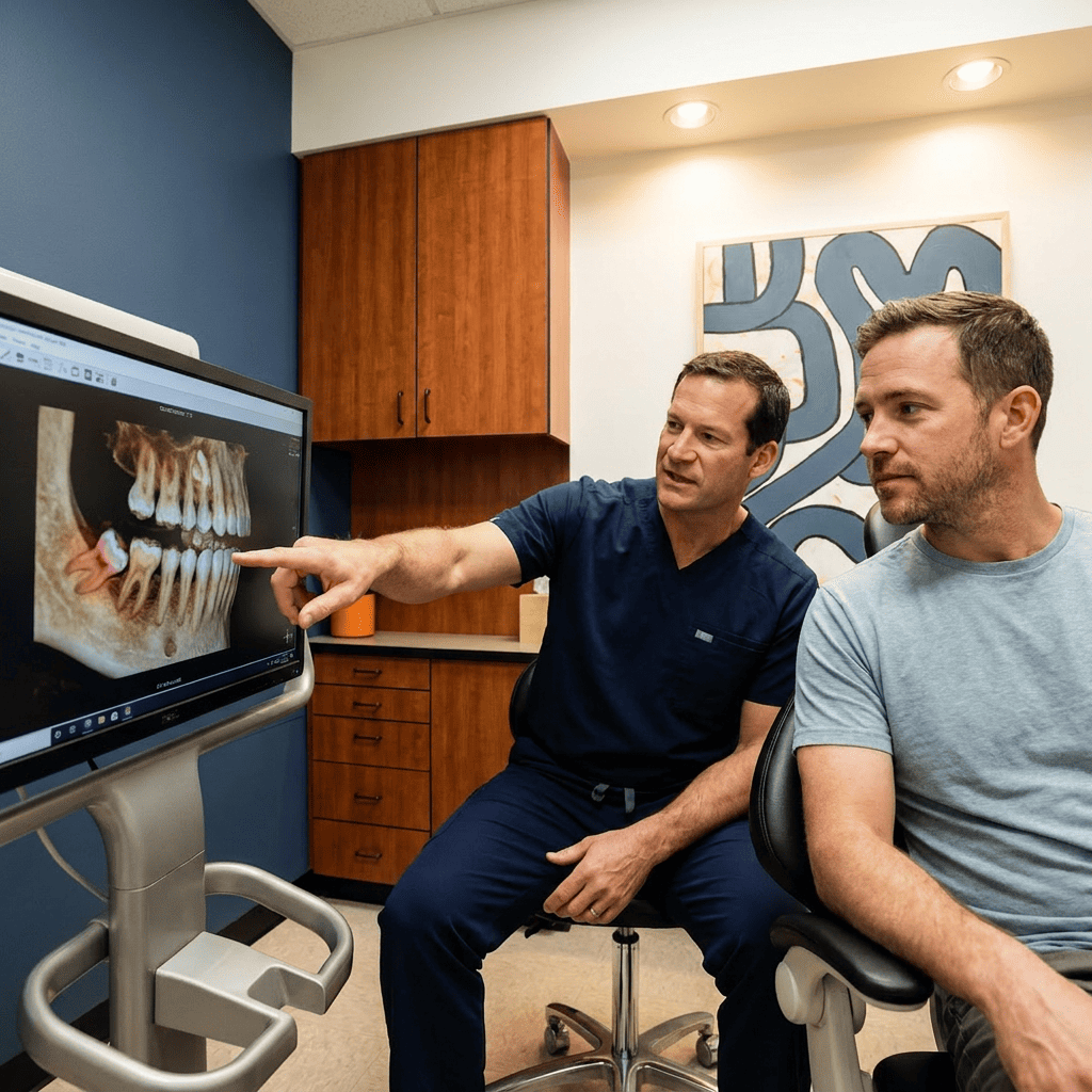 A dentist reviews a 3D jaw scan with a patient at Advanced Dental and Implant Center in Monument, Colorado.