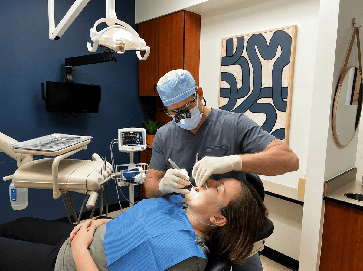 Male oral surgeon precisely extracts a tooth with an elevator at 12 o'clock, patient comfortably sedated under monitoring.