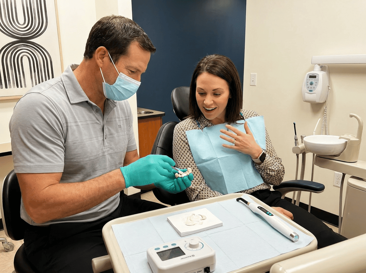Dentist precisely loads cement onto a dental bridge as a patient eagerly watches, anticipating permanent smile restoration.