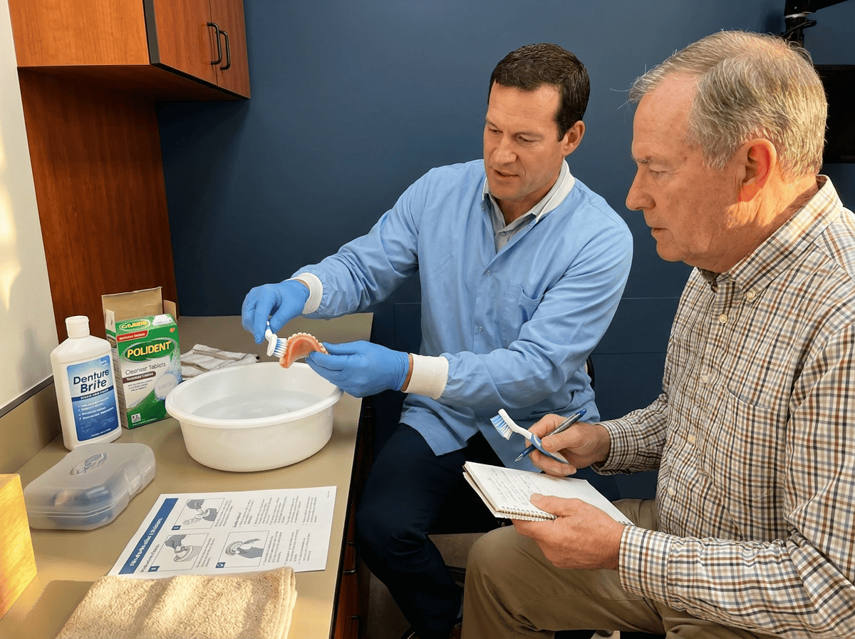 Dentist demonstrates denture cleaning to patient over a basin, teaching effective home care for dentures.