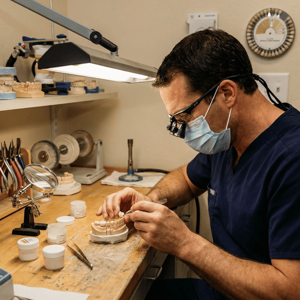 Dentist at Advanced Dental & Implant Center in Monument, CO, crafts a porcelain crown at a lab workbench using tweezers.