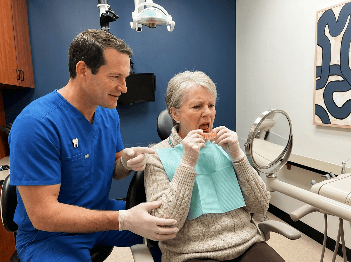 Dentist guides older patient independently inserting dentures, focusing on alignment in a tabletop mirror.