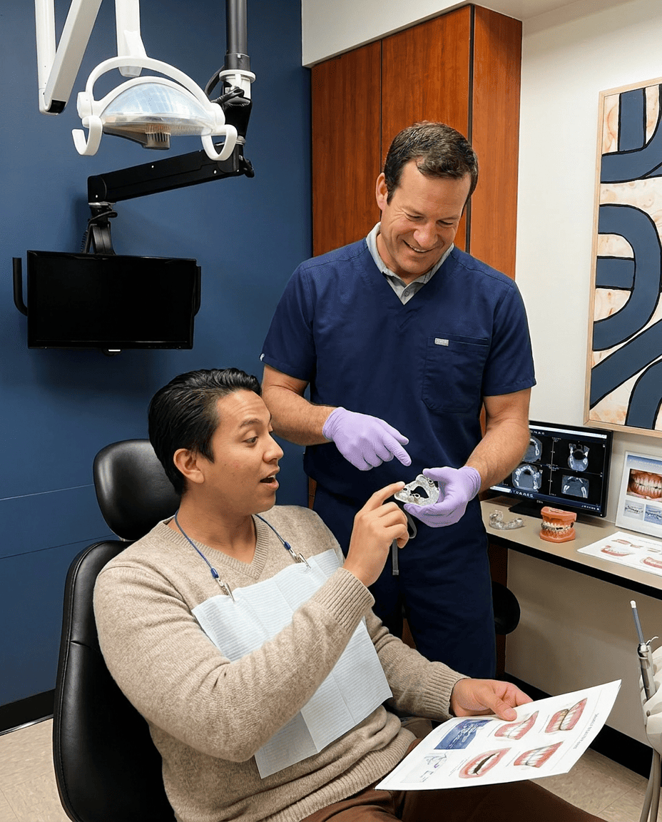 Dentist and patient examine a 3D-printed full-arch dental implant surgical guide for precise placement.