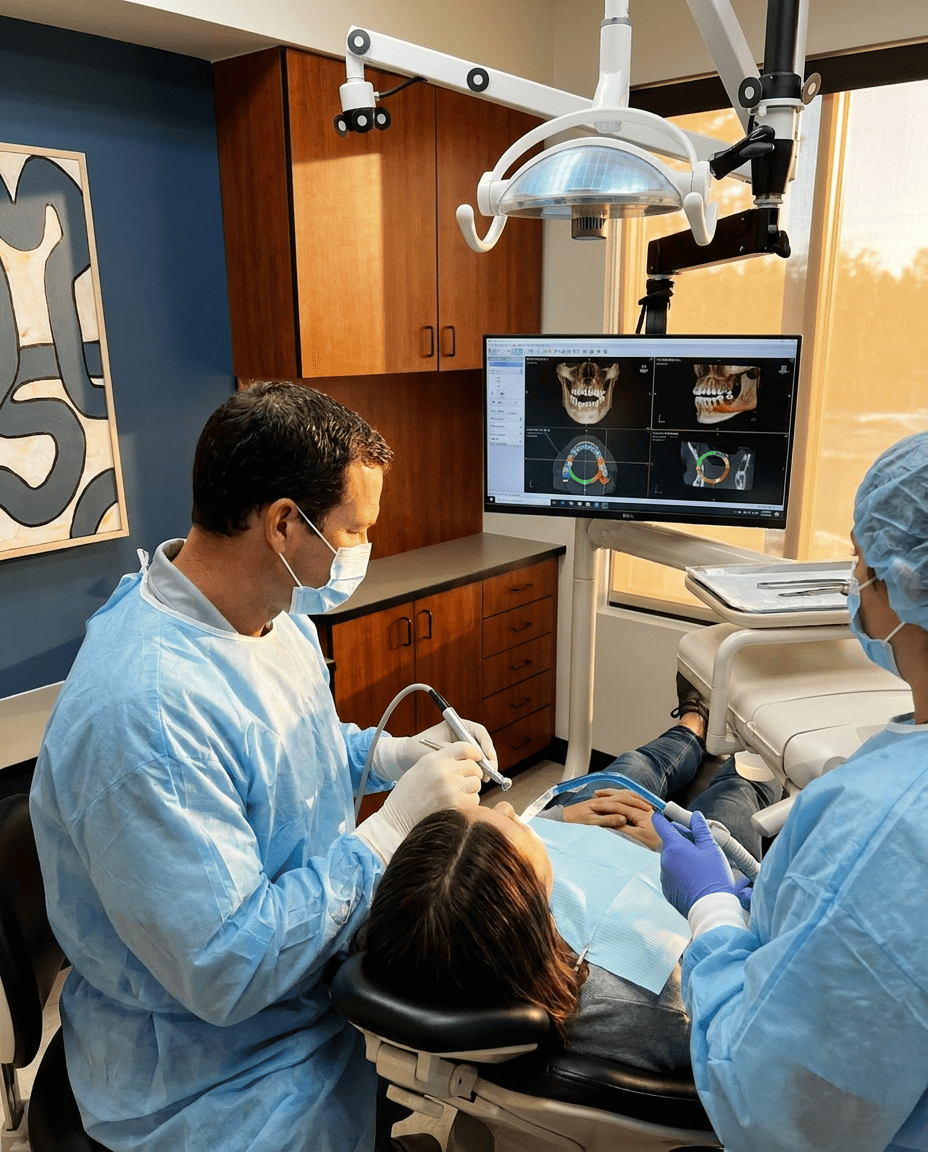 Dentist and assistant perform computer-guided All-on-4 dental implant placement on a patient; monitor shows 3D navigation tracking.