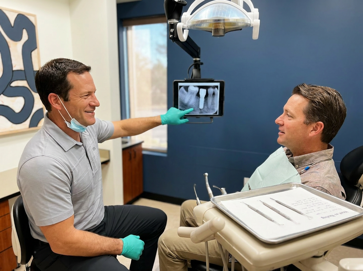 Dentist and patient review full-arch dental implant osseointegration on a periapical x-ray, confirming healing progress.