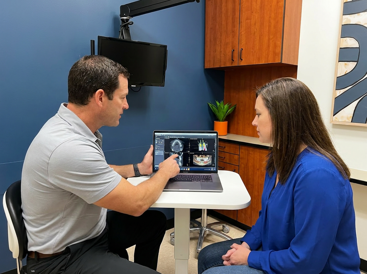 Dentist and patient discussing full-arch dental implant planning on a laptop displaying 3D simulations and CT scans.