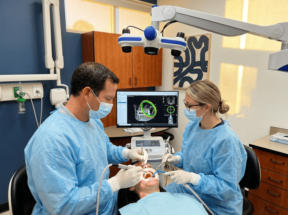 Dentist and assistant perform full-arch dental implant surgery on a reclined patient using computer-guided placement and a 3D navigation monitor.