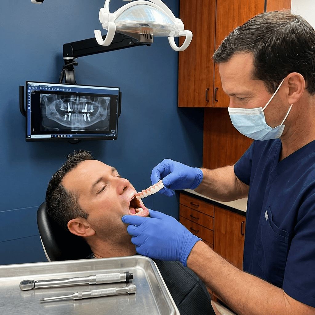 Dentist fitting a full-arch implant prosthesis during a restorative dental procedure while the patient relaxes in the treatment chair, with digital X-rays displayed on a monitor in a modern operatory.