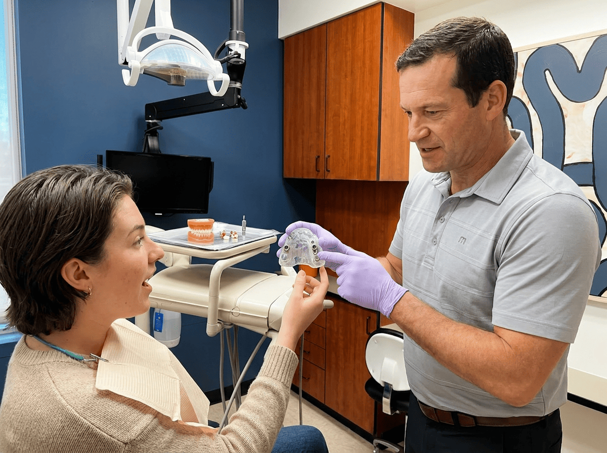 Dentist in a clinic shows a patient a 3D-printed surgical guide for precise All-on-X dental implant placement.