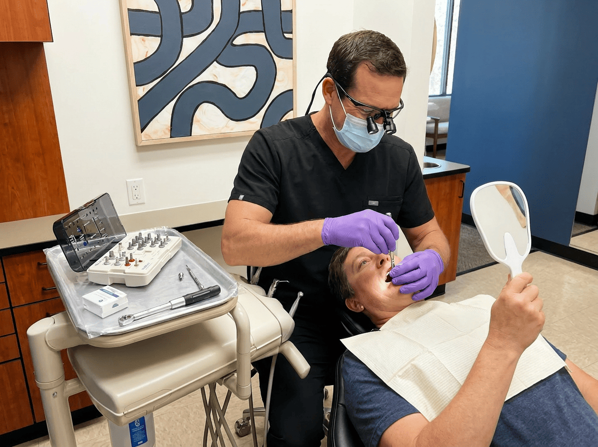 Dentist threads All-on-4 implant abutment as patient watches through mirror in a restorative operatory.