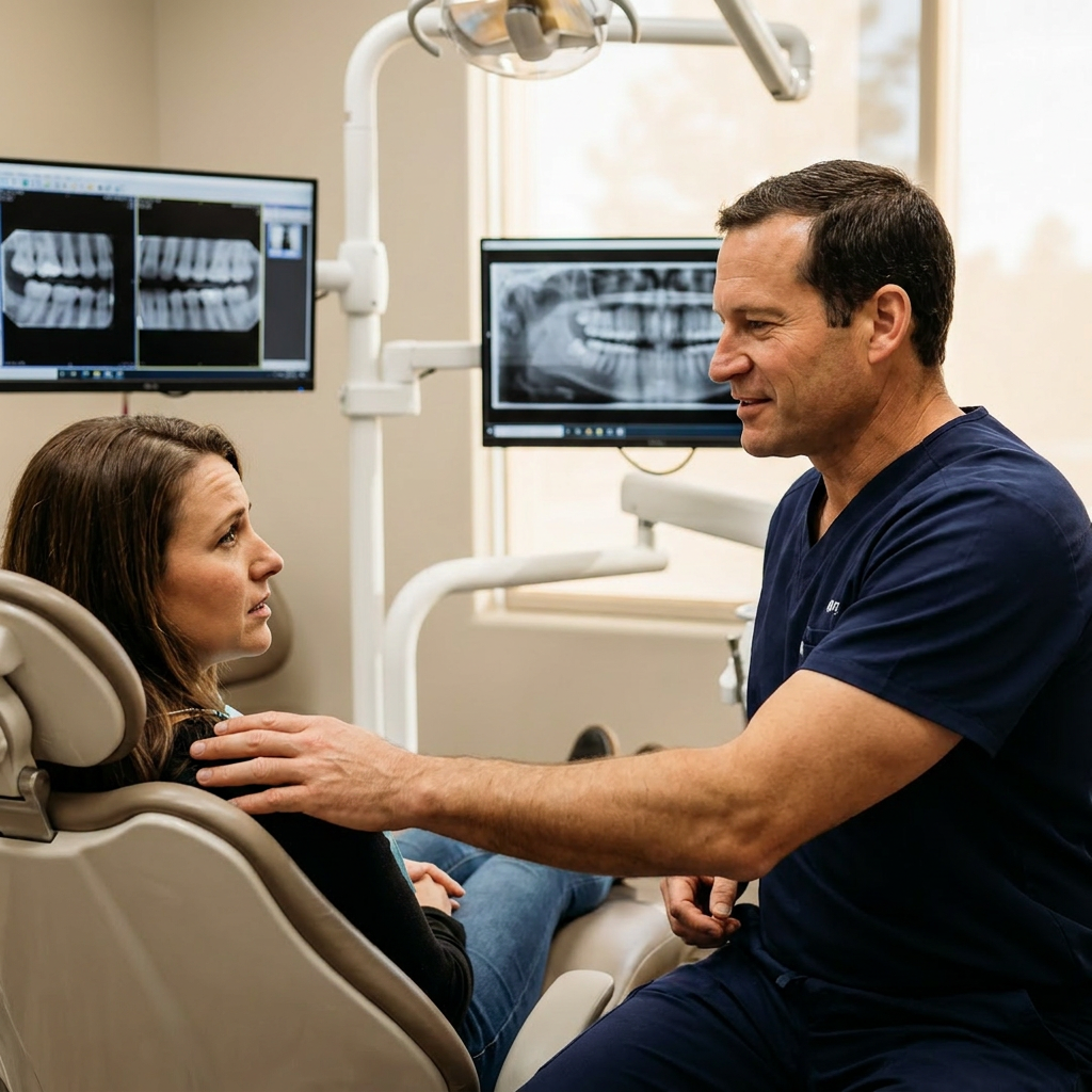 A dentist at Advanced Dental and Implant Center in Monument, Colorado speaks with a patient in a modern dental operatory.