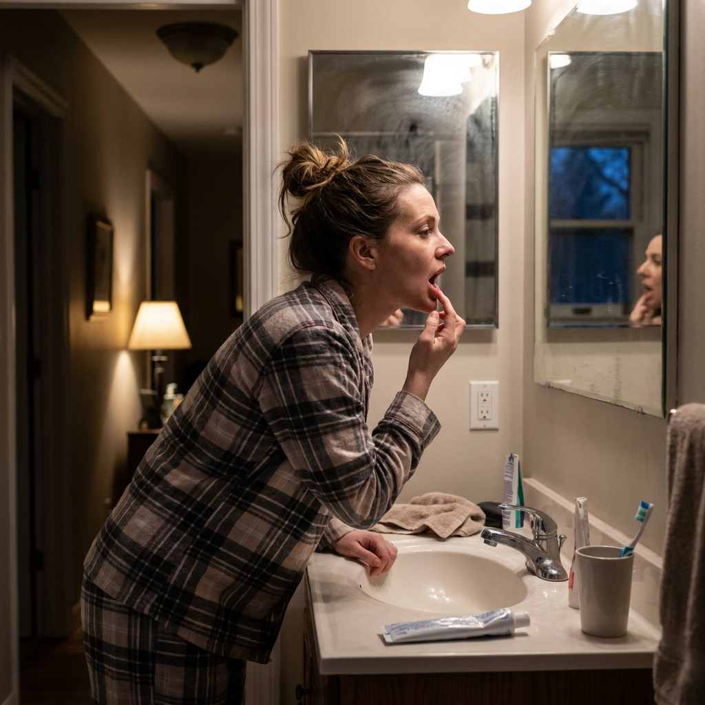 A woman in pajamas thoughtfully examines her teeth in a bathroom mirror before bed.