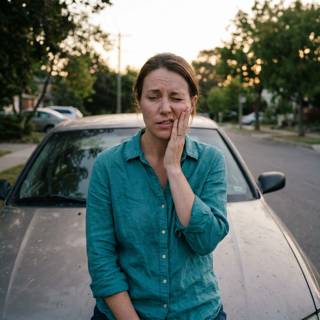 Woman in teal shirt winces on car, holding her cheek as evening light fades.