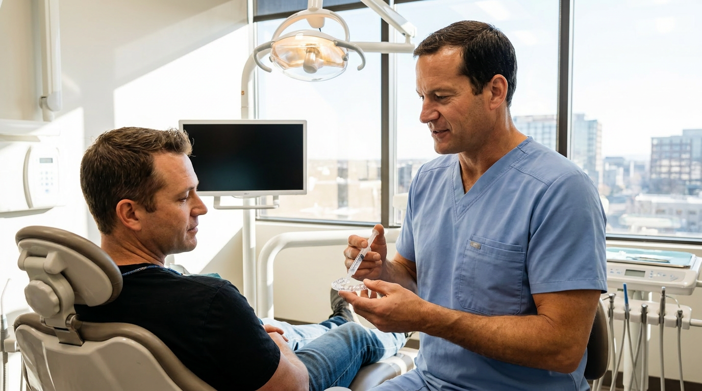 Dr. Scott R. Hill, a man, demonstrates applying whitening gel onto a custom tray for Jason, a man, in a modern dental operatory.