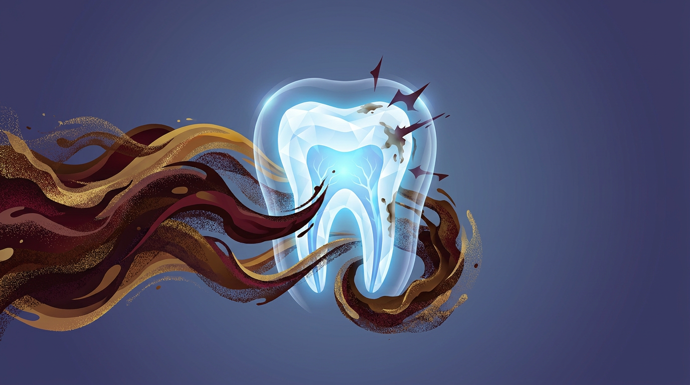 Conceptual art of dark chromogen particles from coffee and wine swirling around a tooth enamel.
