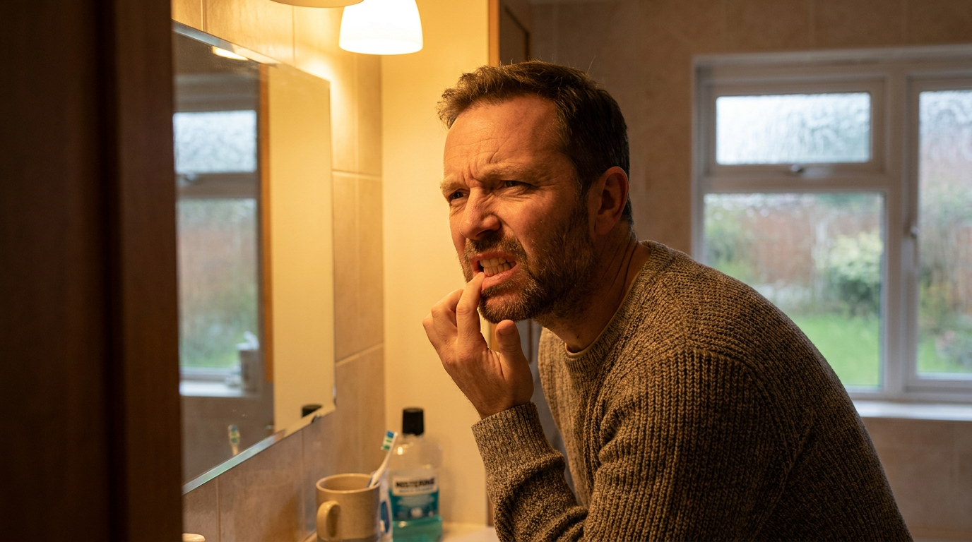 Jason, a man in his 40s, thoughtfully examines his teeth in a well-lit bathroom mirror.