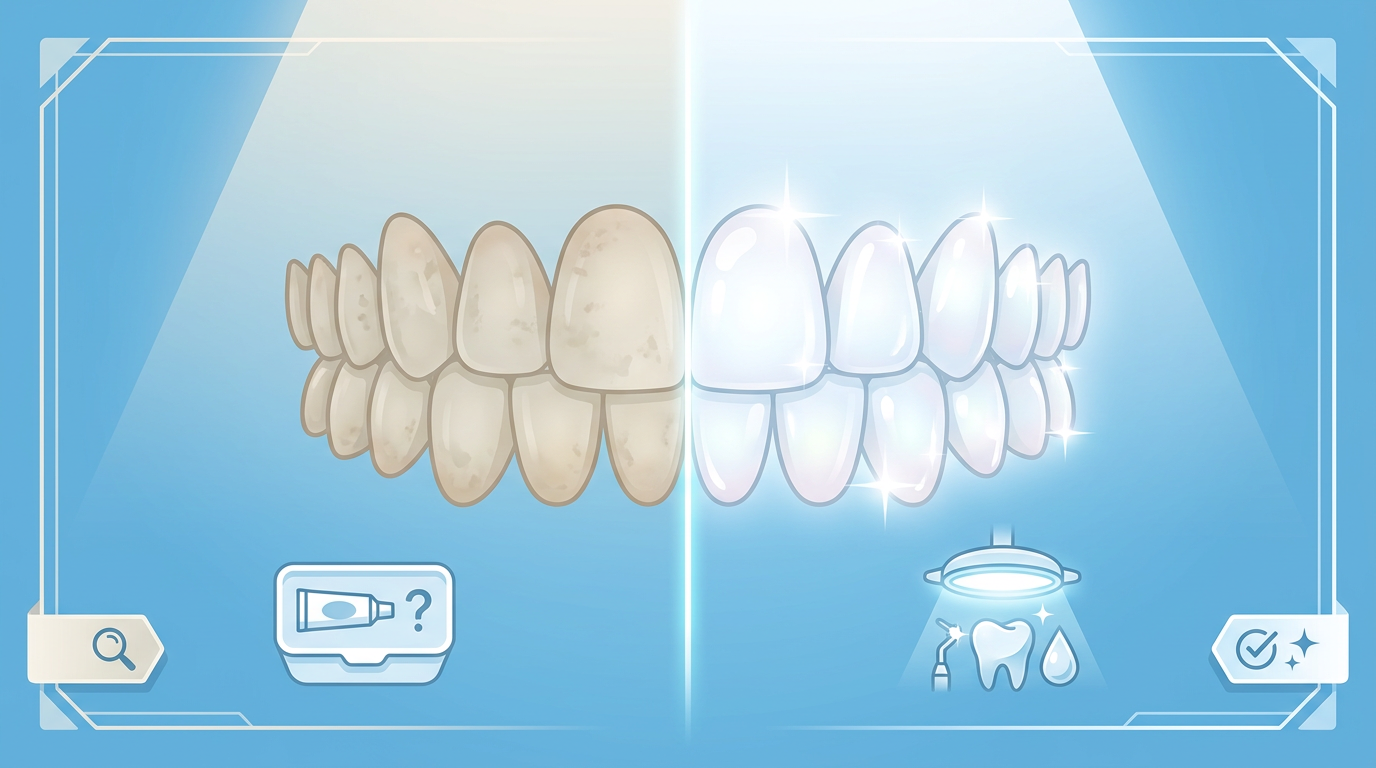 Split-screen comparison showing dull, yellowed teeth versus brighter, whiter teeth.