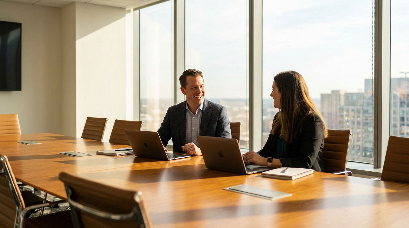 Jason, a man, smiles confidently at a business associate across a modern conference room table.