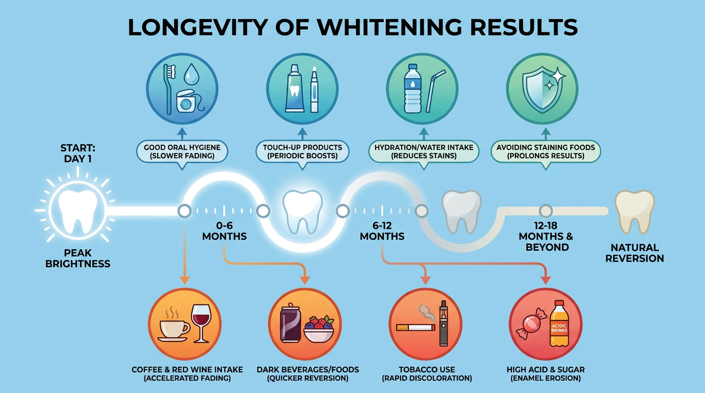 Infographic timeline showing how whitening results fade, influenced by factors like coffee and good hygiene.