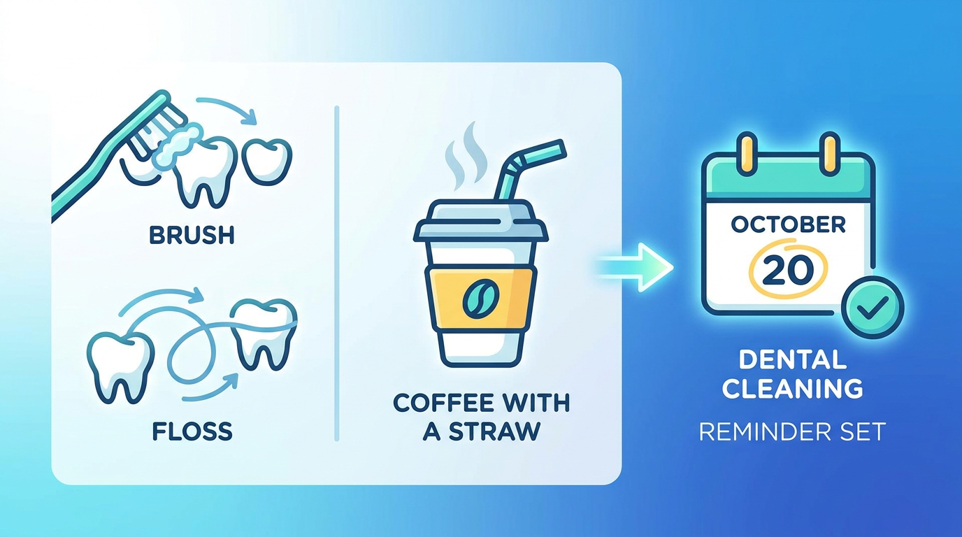 Animated diagram of brushing, flossing, drinking coffee with a straw, and a dental cleaning reminder.