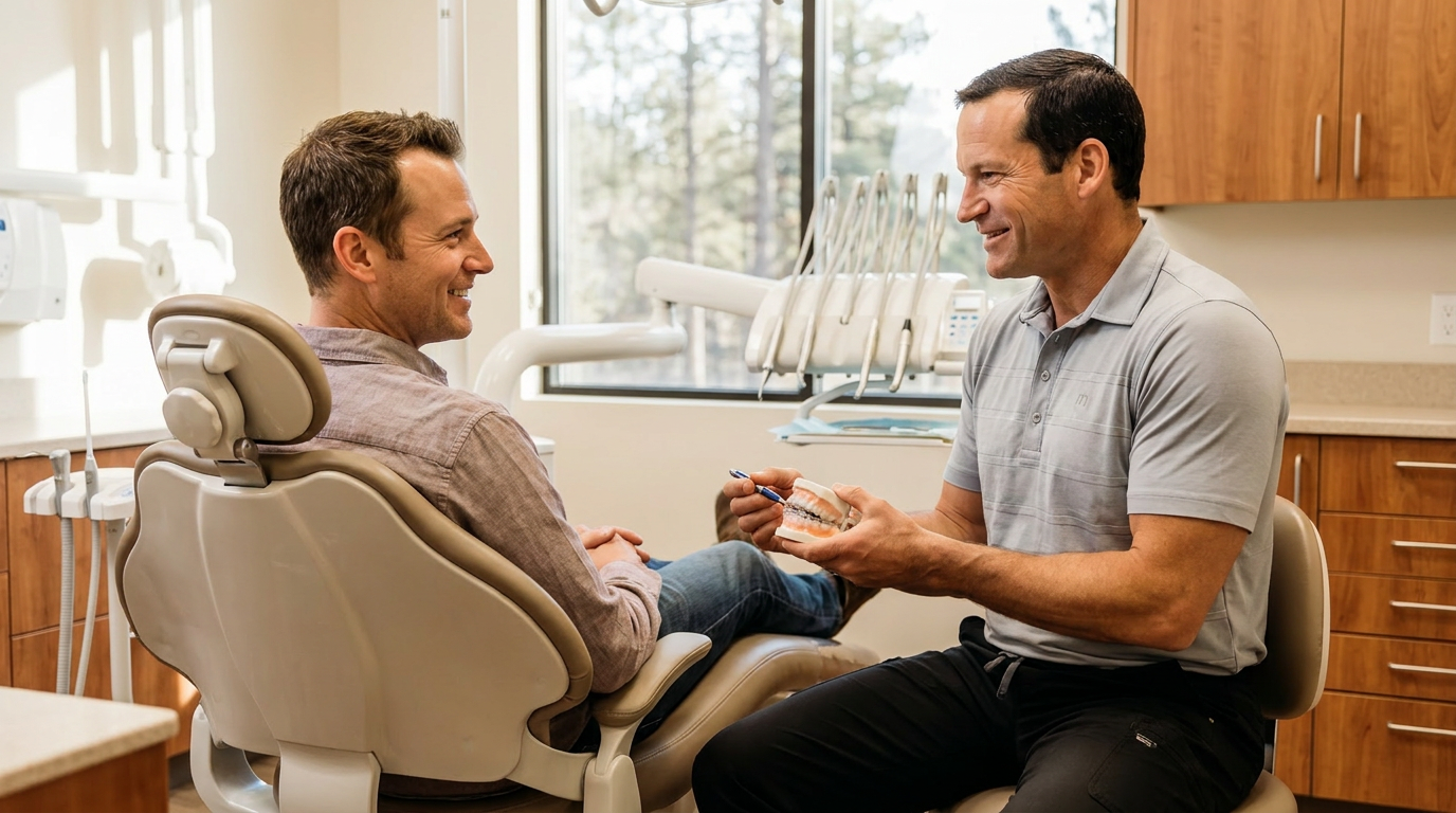 Jason, a man, speaks with Dr. Scott R. Hill, a man, in a dental chair, discussing custom whitening trays.