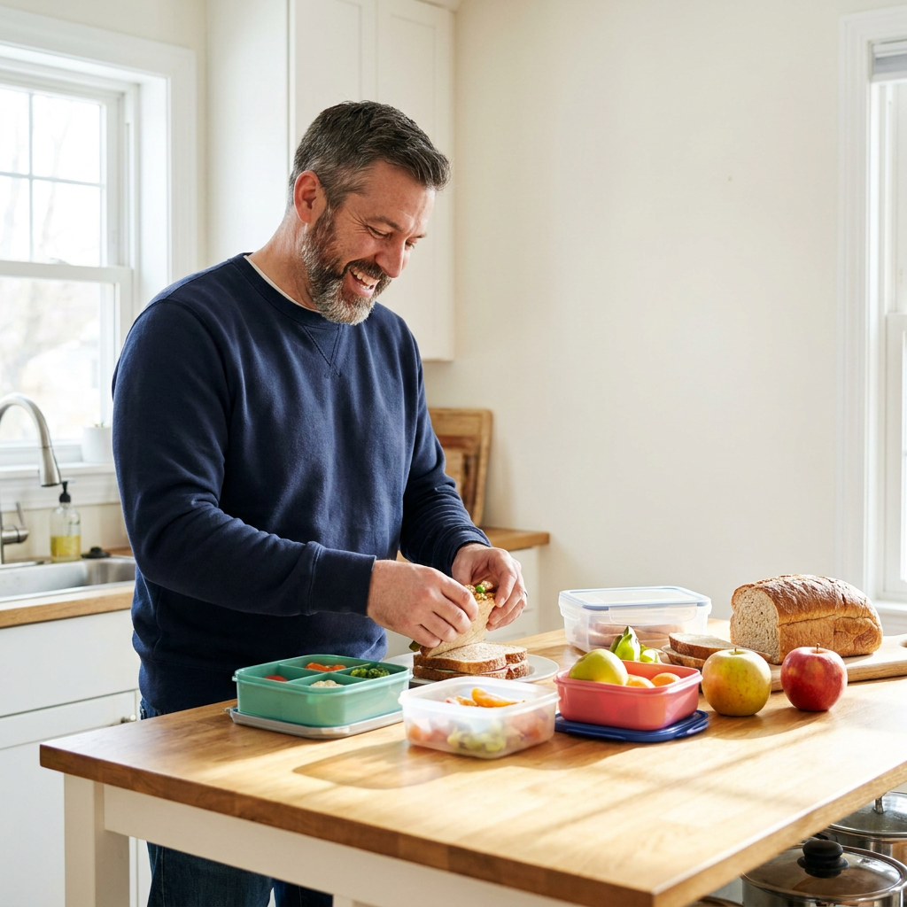 Jason, a man in his early 40s, wearing a navy crewneck, smiles happily while packing a lunch at a sunny kitchen island.